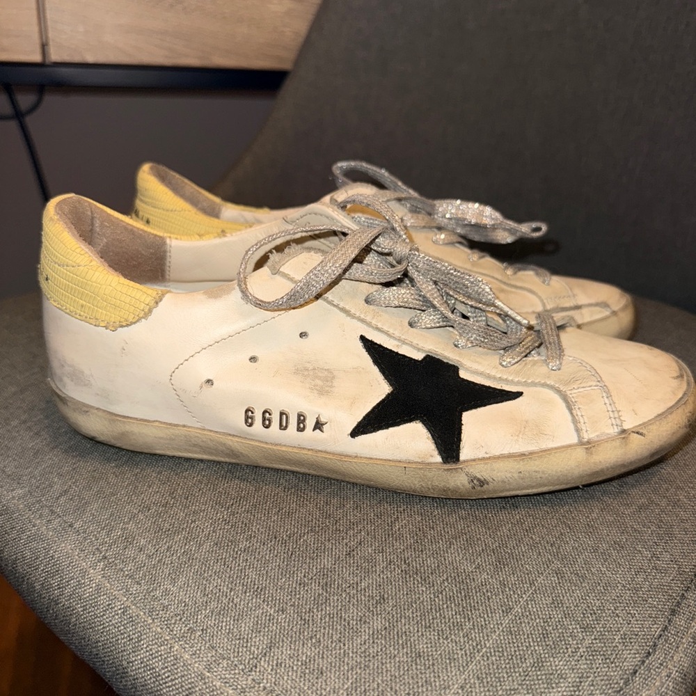 Golden Goose Cream Sneakers with Black Star and Yellow Heel